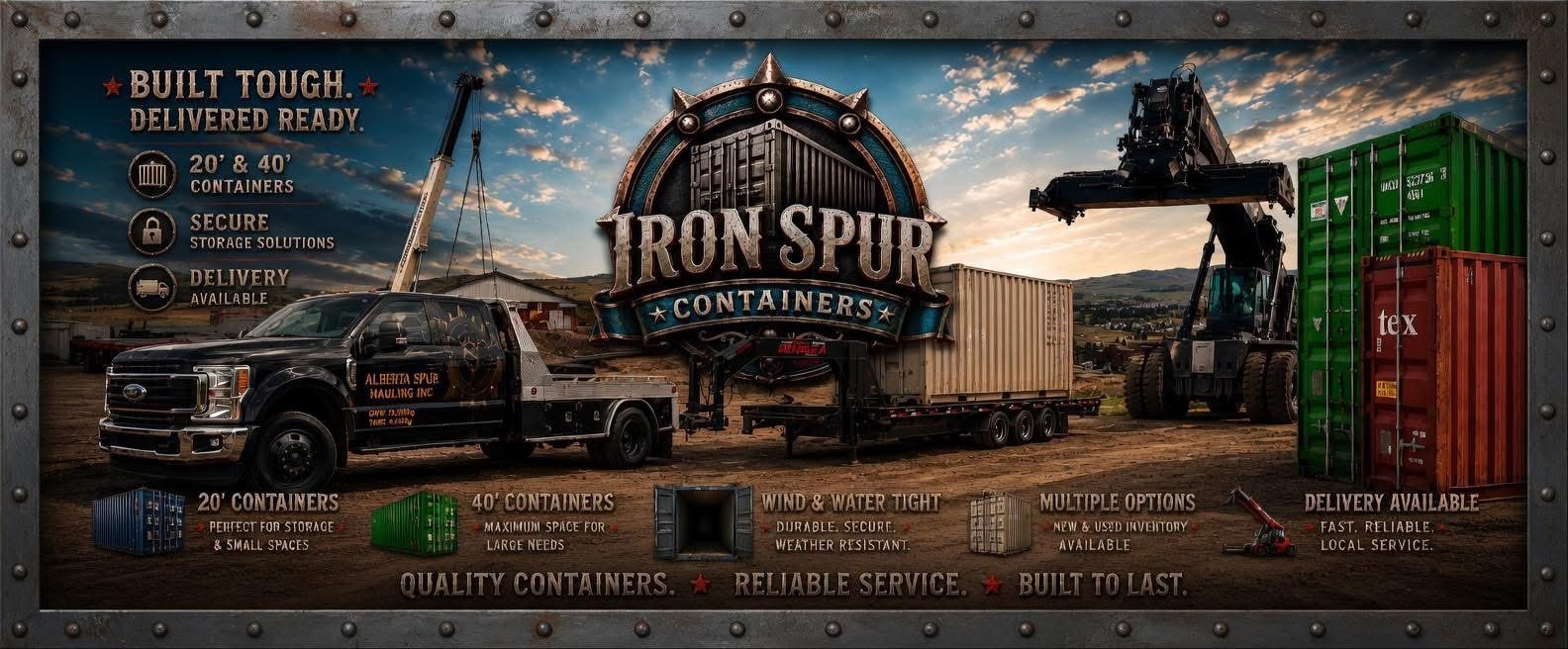 Iron Spur Containers banner: an Alberta Spur Hauling deck truck and shipping containers in a yard at sunset, with the taglines Built Tough. Delivered Ready. and Quality Containers. Reliable Service. Built to Last.